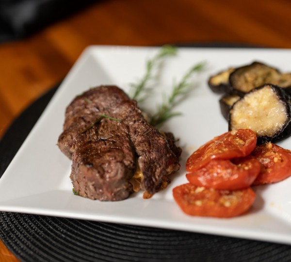 Meat With Grilled Aubergines And Tomatoes