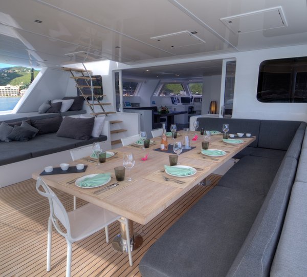 Sailing catamaran levante cockpit table setting