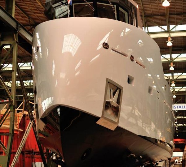 24m support yacht Project YXT One in her shed ready to be launched