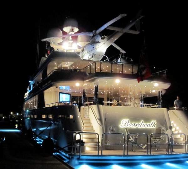 Night Shot of the superyacht Boardwalk - Image courtesy of Westport Yachts