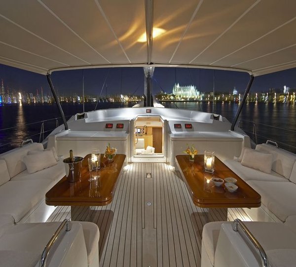 Sailing yacht Nephele -  Deck Seating and Bimini at night