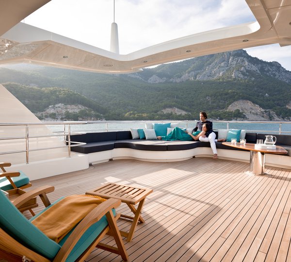 Sarp Yachts motor yacht LA PASSION - outdoor living area. Photo courtesy of Jeff Brown
