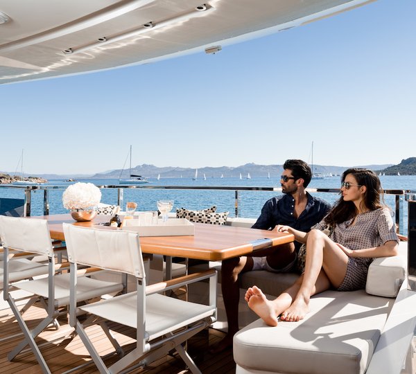 Superyacht lifestyle on aft deck - Dominator Kalliente - Photo Jeff Brown