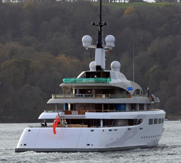 Superyacht VAVA II stern off Plymouth UK