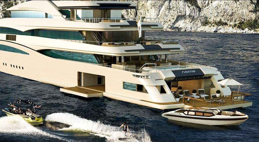74m CRN aft view with tender and beach club