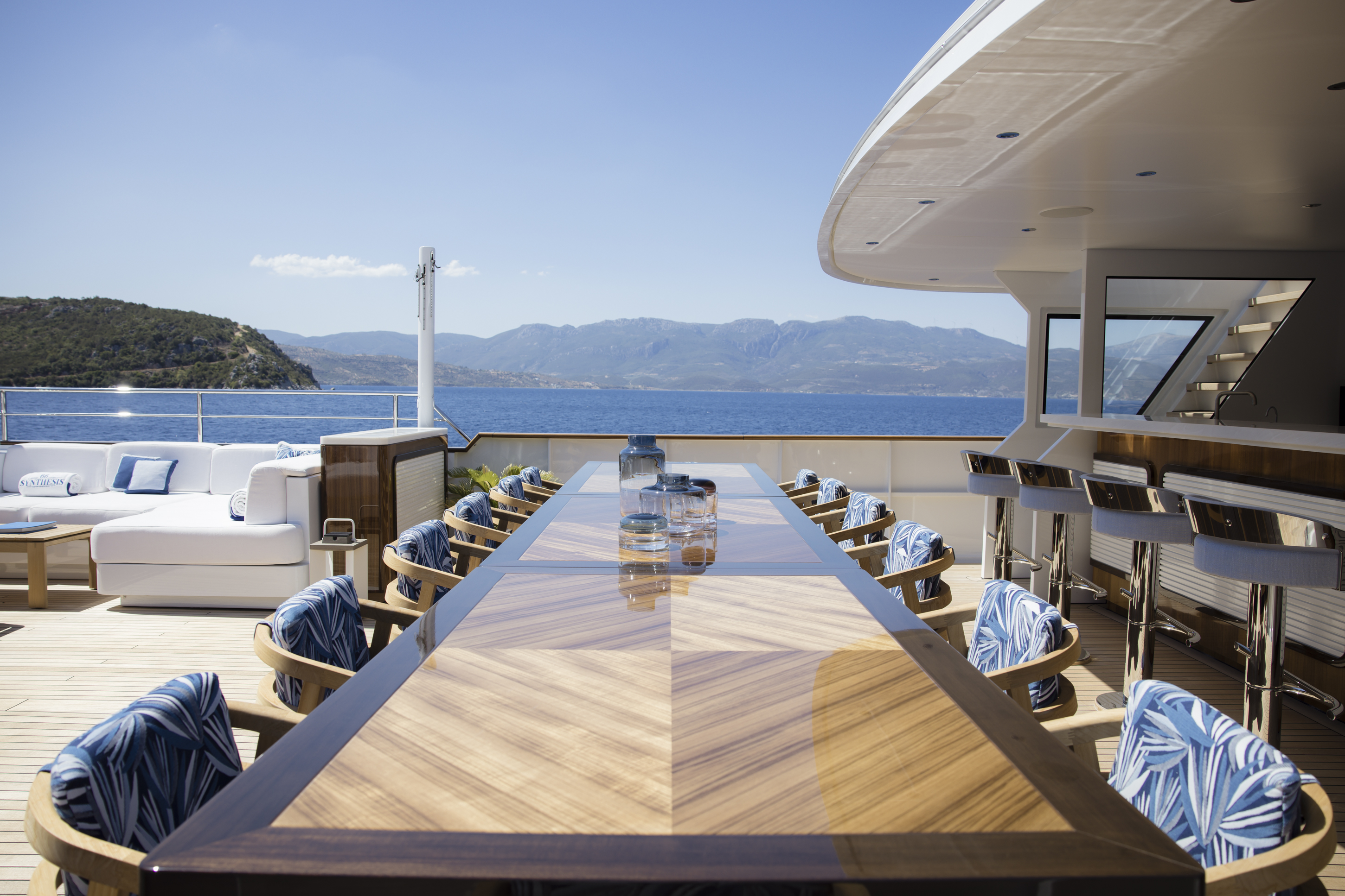 Banquet sized dining table on the bridge deck