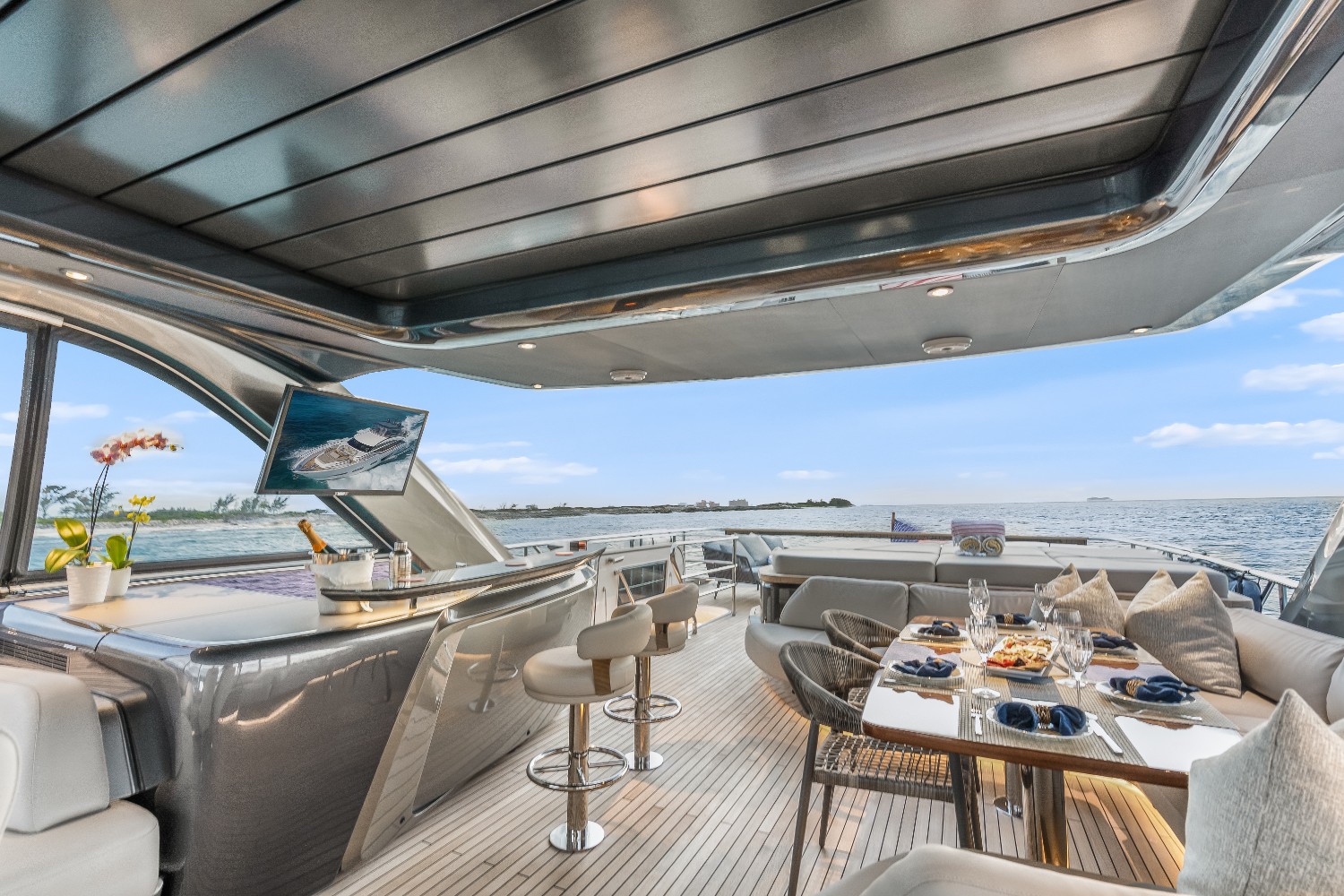 Flybridge view aft to bar and dining area
