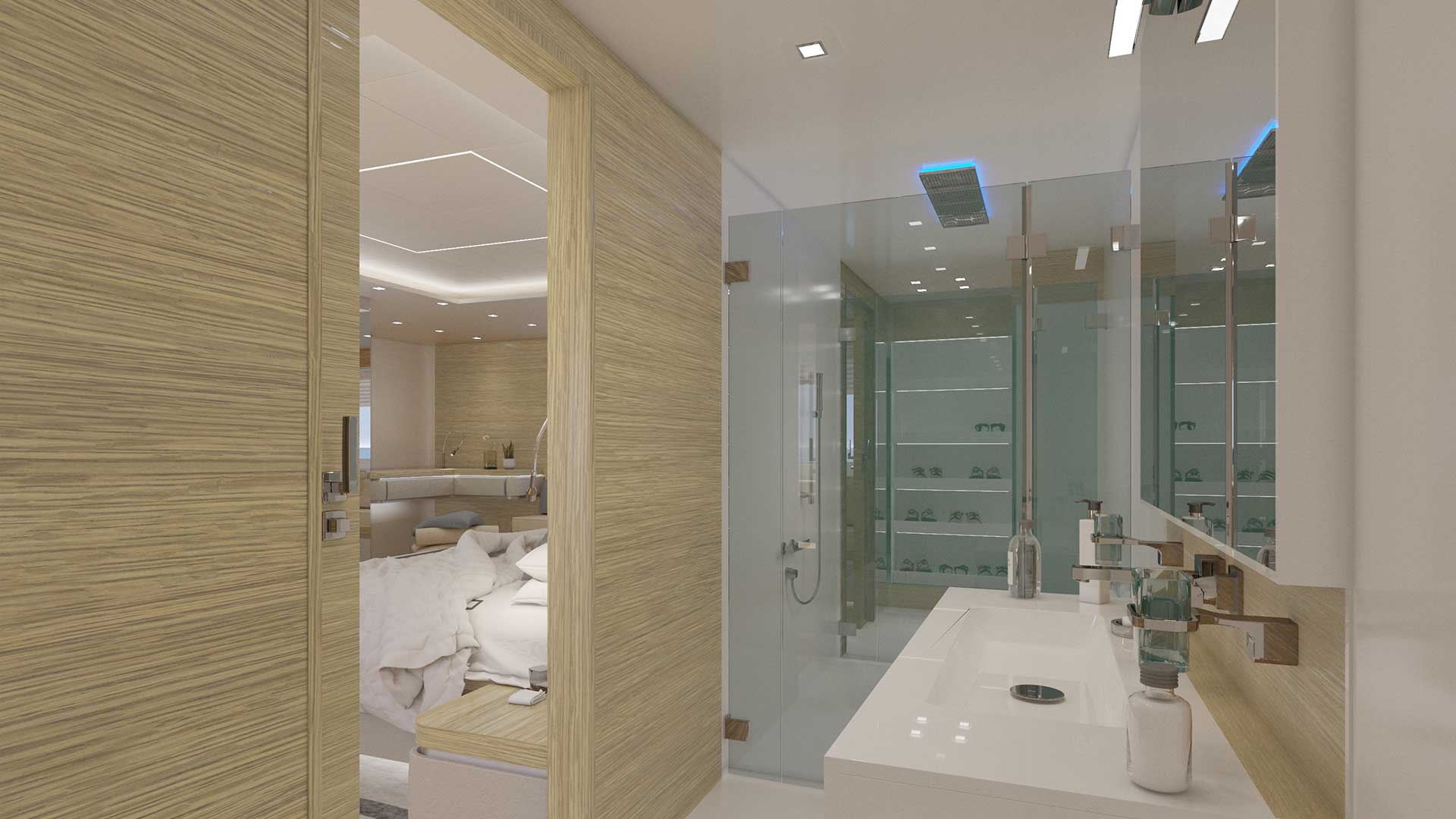 Master ensuite with rain shower and view to closet