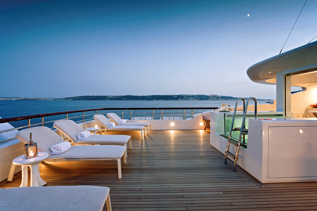 56m Benetti Motor Yacht - Aft Sun Loungers In The Evening