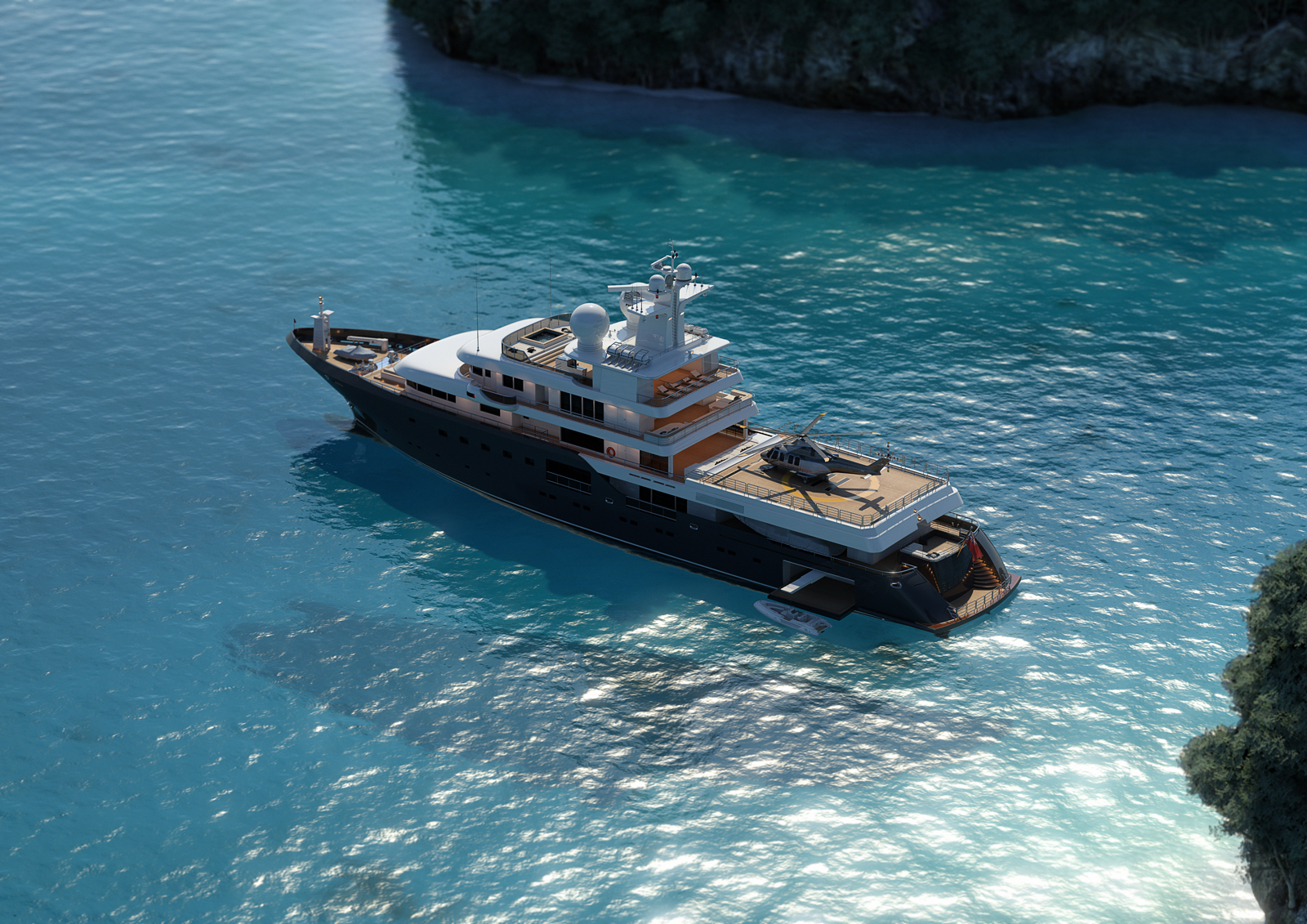 Explorer Yacht With Helicopter - Aerial View