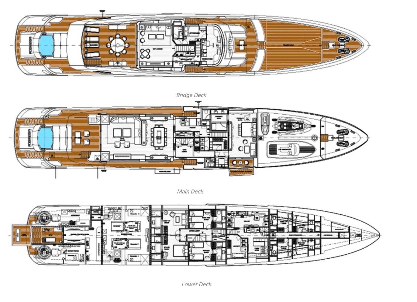 Между палубами. Rossinavi 50m. РМ 118 Яхтс. План яхты с размерами. Габариты яхты.