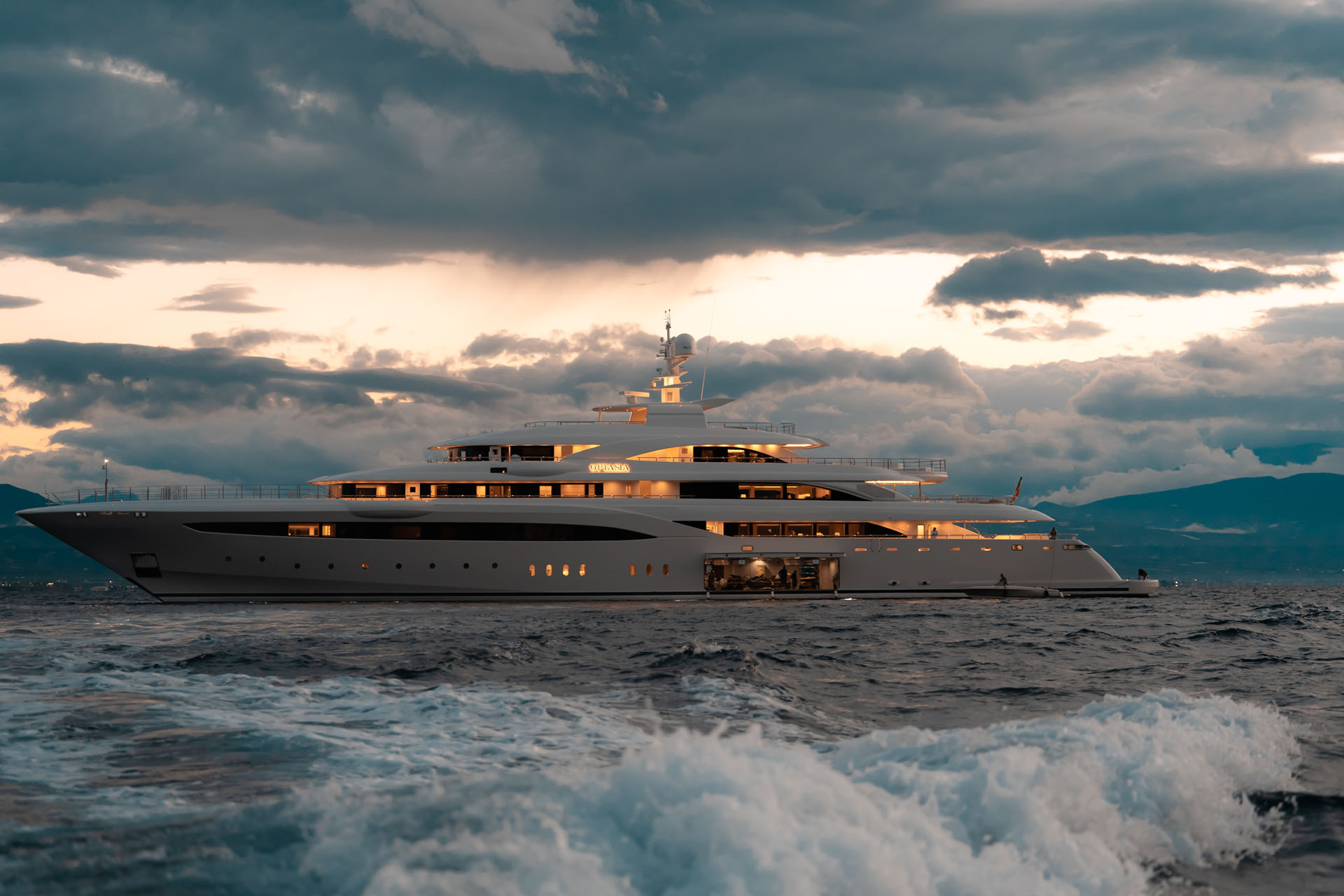 Profile Of Mega Yacht In The Evening