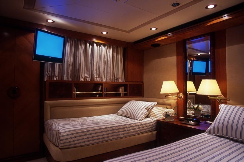 Blue Twin Bed Cabin Aboard Yacht OURANOS TOO
