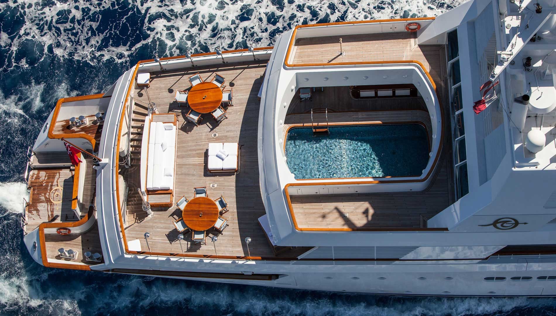 Grand Ocean Yacht Aerial View Of Aft Deck And Swimming Pool