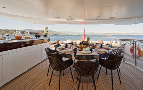 Luxury Charter Yacht MANIFIQ Upper aft deck dining