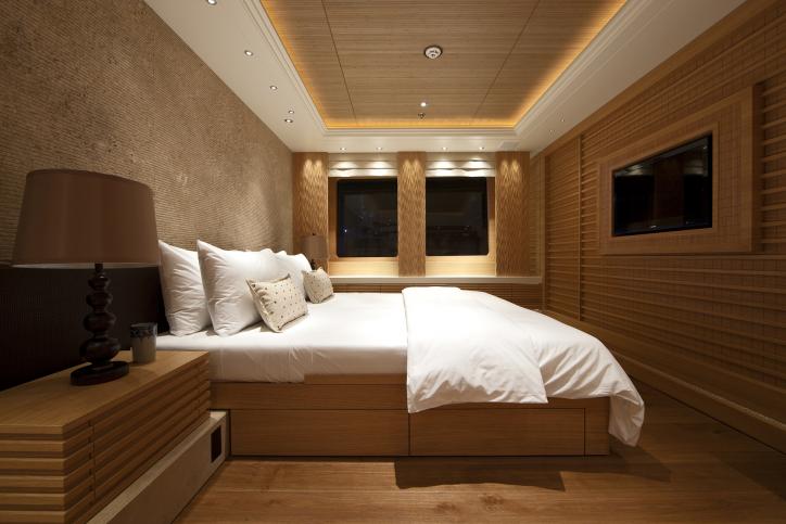 One of the luxurious cabins aboard the Pegaso megayacht