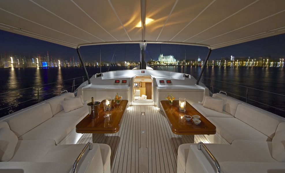 Sailing yacht Nephele -  Deck Seating and Bimini at night