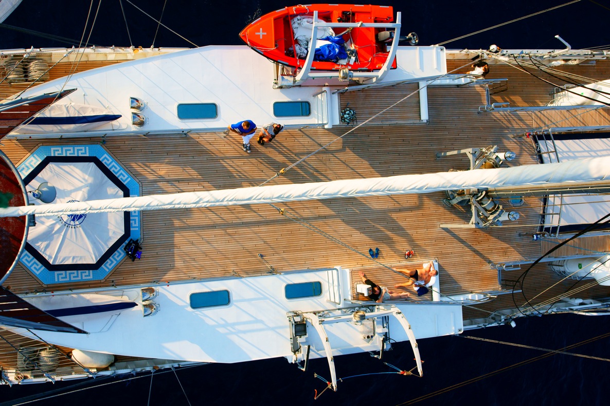 Sailing yacht RUNNING ON WAVES -  Deck From Above
