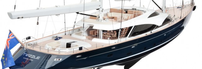 Sailing Yacht TWIZZLE - A Computer Rendering of her deck layout from aft.