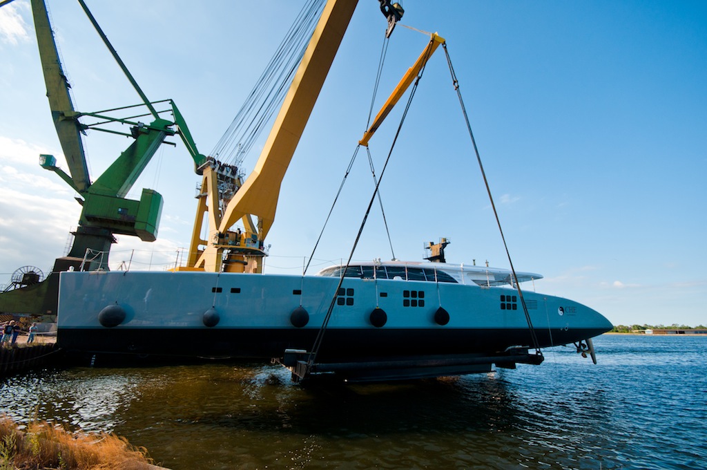 Catamaran CHE at her launch - Image courtesy of Sunreef Yachts