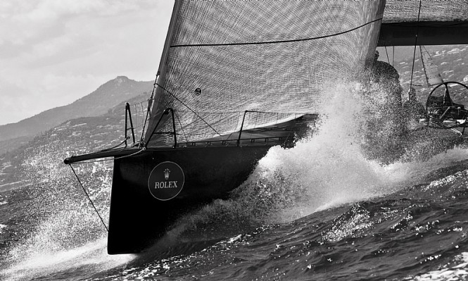 Black & White Image of Racing yacht JETHOU sailing – Photo credit by Rolex & Kurt Arrigo