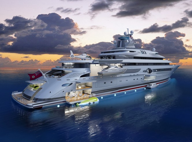 A rendering of the Blohm & Voss 120 metre Expedition motor yacht design at sunset A rendering of the Blohm & Voss 120 metre Expedition motor yacht design at sunset
