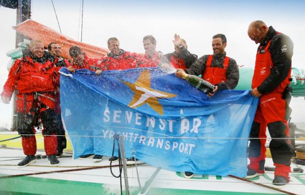 Record breaker - Groupama celebrating finishing the Sevenstar Round Britain and Ireland Race 2010 - Photo  Patrick Eden RORC