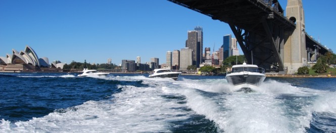 Riviera Sport Yachts crusing through Sydney Harbour as they escort the X Factor judges - Photo Credit Riviera