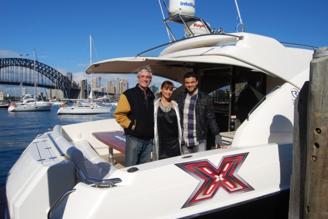 Riviera's Stephen Milne with Natalie Imbruglia and Guy Sebastian on board a Riviera Sport Yacht - Photo Credit Riviera