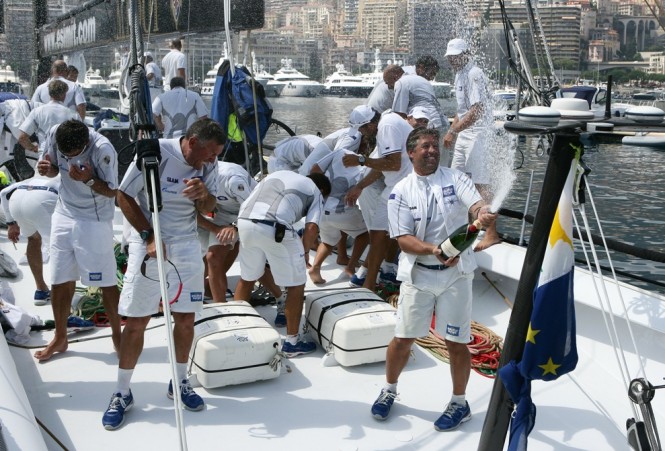 Sailing yacht Esimit Europa 2 Crew celebrate breaking Palermo-Monte Carlo record - Photo by Andrea Carloni
