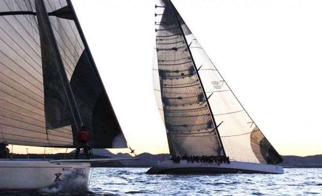 Sailing yacht Lahana and Wild Oats X at the Finish of the Club Marine Brisbane to Keppel Tropical Yacht Race Photo Credit Suellen Hurling