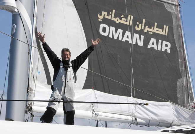 Sidney Gavignet (FRA) celebrates breaking the Round Britain and Ireland Record onboard Oman Air Majan Photo Credit Mark Lloyd