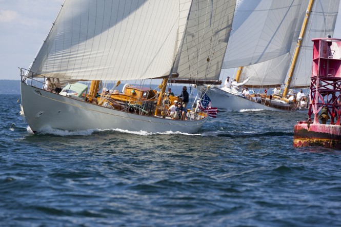 Classic sailing beauties Sumurun and Whitehawk battle their way to the mark. Photo Billy Black