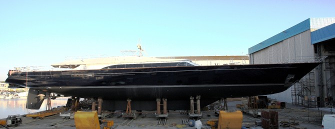 The Perini navi Superyacht Melek,  designed by Ron Holland, at the Shipyard in Italy before her launch