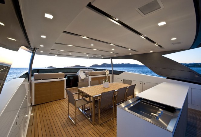 2010 Sanlorenzo SL100 New flying bridge motor yacht with Sliding Boffi kitchen on the flybridge.