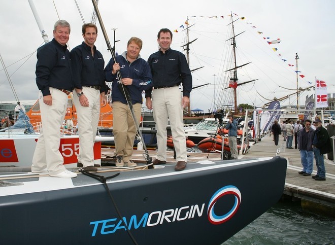 Sir Keith Mills (Patron), Ben Ainslie (skipper), Charles Dunstone (co-backer) Mike Sanderson (ex CEO) on TEAM ORIGIN at the launch in September 2007. Credit onEdition