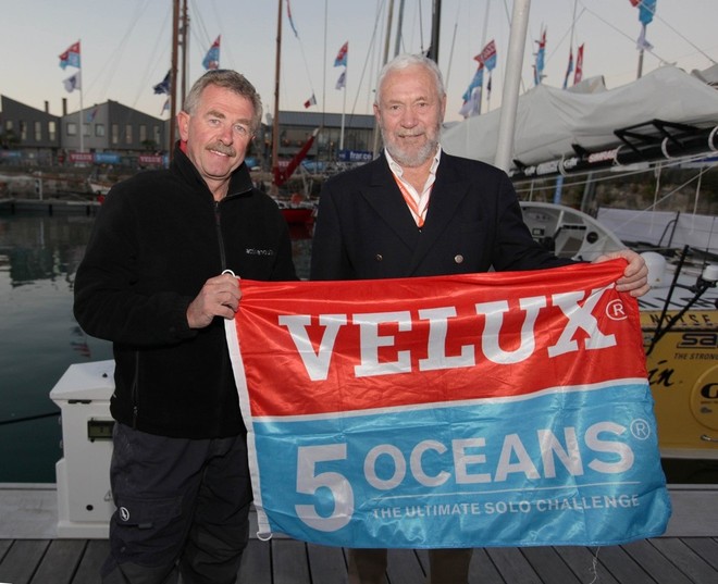 Sir Robin Knox-Johnston presents Skipper Derek Hatfield with the Velux 5 Oceans flag that will accompany him around the world - Credit Velux 5 Oceans Sir Robin Knox-Johnston presents Skipper Derek Hatfield with the Velux 5 Oceans flag that will accompany him around the world - Credit Velux 5 Oceans
