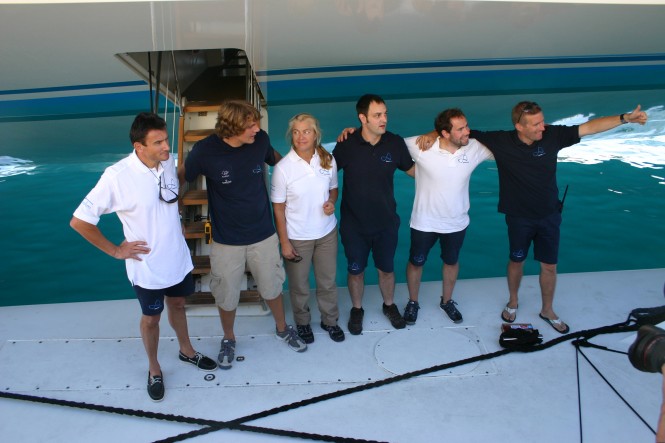 The six crew members of Ms Turanor – PlanetSolar planning to circumnavigate the world by boat solely powered by solar energy - credit PlanetSolar