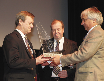 Presentation of the DAME Award.Winner 2010 Seldén mast by the chairman of the Jury Bill Dixon to Peter Rönnbäck and design engineer Jan Karlsson