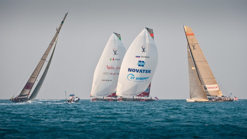 Race Day 8 View of the matches between BMW ORACLE Racing vs Emirates Team New Zealand and Synergy Russian Sailing Team vs Mascalzone Latino Audi Team. © Paul Todd outsideimages.com Louis Vuitton Trophy