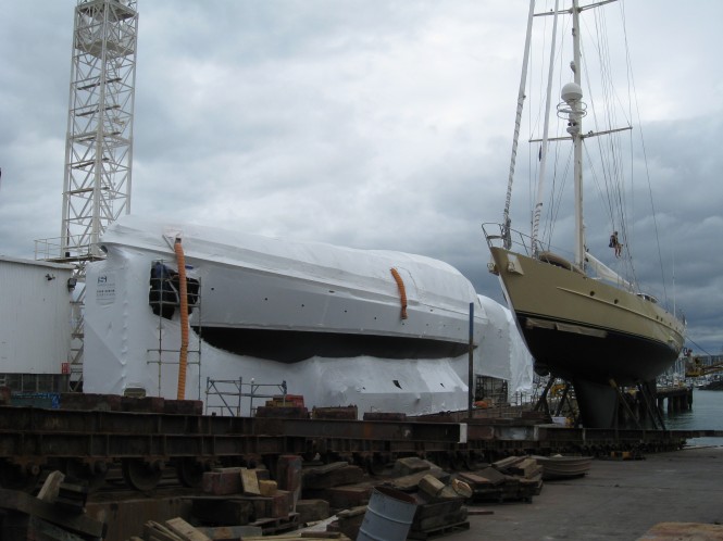 Sailing yacht Kaori and S/Y Celandine on the slipway – Photo courtesy of 37 South Ltd