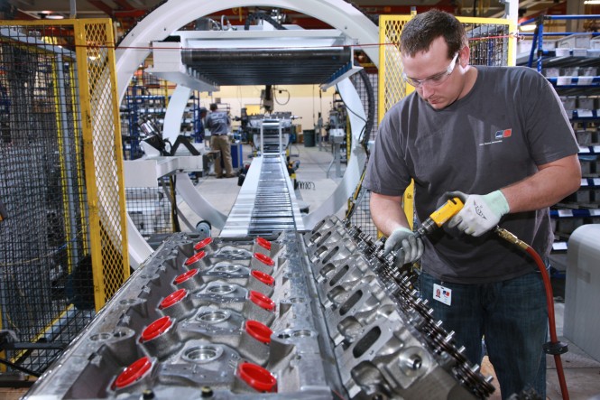 Assembly of the MTU brand large diesel engines in the new US engine production facility set up by the specialist for propulsion and power solutions Tognum in Aiken County in the US State of South Carolina
