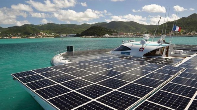 MS Tûranor PlanetSolar anchored in the Bay of Marigot - Photo credit Planet Solar