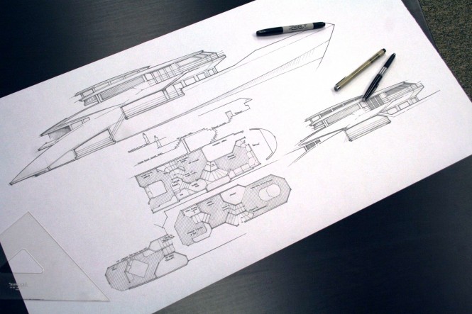 Original Concept Sketch of the PCE53  motor yacht concept  by Donald L. Blount and Associates