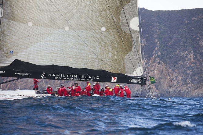 Provisional Line Honours Winner WILD OATS XI crossing Storm Bay - Photo credit Rolex  Daniel Forster