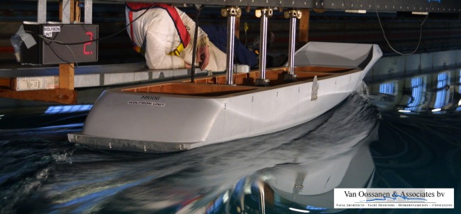 Tank tests for the FDHF at a corresponding full-scale speed of 24 knots. Tank tests for the FDHF at a corresponding full-scale speed of 24 knots.