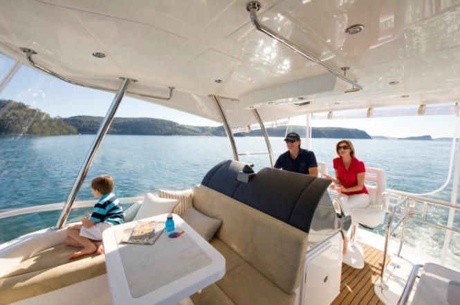 The flybridge of the 43 Open Flybridge is a virtual alfresco saloon