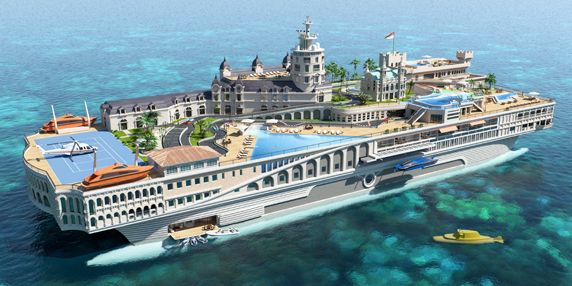 155m SWATH ‘The Streets of Monaco’ superyacht by Yacht Island Design Exterior render and zoning diagram