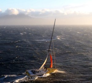 Le Pingouin, skippered by American Brad van Liew, crosses the finish line off Wellington to win the second leg of the Velux 5 Oceans round-the-world race.
