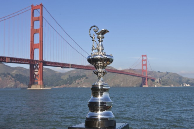 The America's Cup in front of San Francisco's Golden Gate Bridge